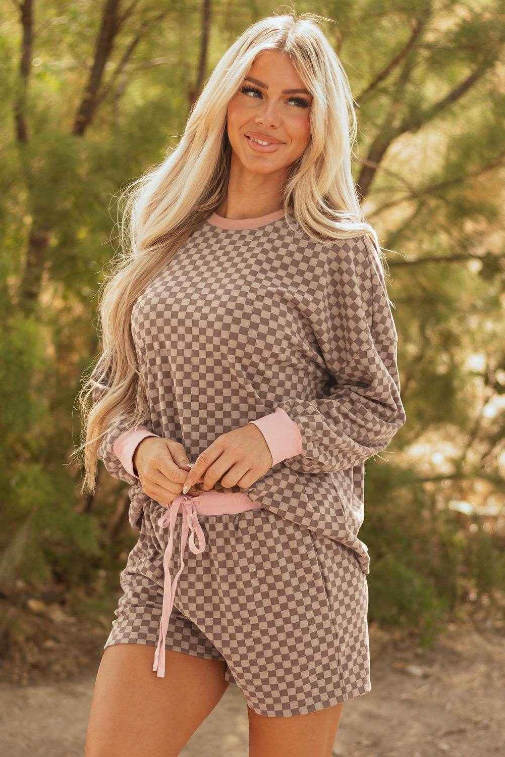 Sky Blue Checkerboard Long Sleeve Pullover and Shorts Set