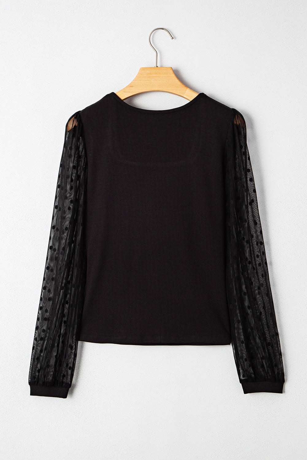 Black Polka Dot Mesh Puff Sleeve Patchwork Ribbed Square Neck Slim Top - Rose & Ruffles