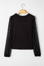 Black Polka Dot Mesh Puff Sleeve Patchwork Ribbed Square Neck Slim Top - Rose & Ruffles