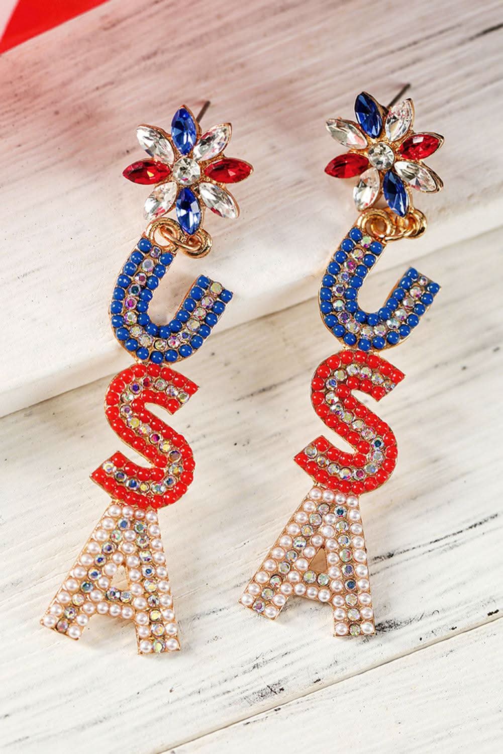 Fiery Red Beaded Rhinestone USA colorblock earrings with sparkling rhinestones and patriotic design