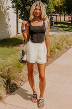 White Waffle Texture Contrast Ricrac Hemline Casual Shorts - Rose & Ruffles