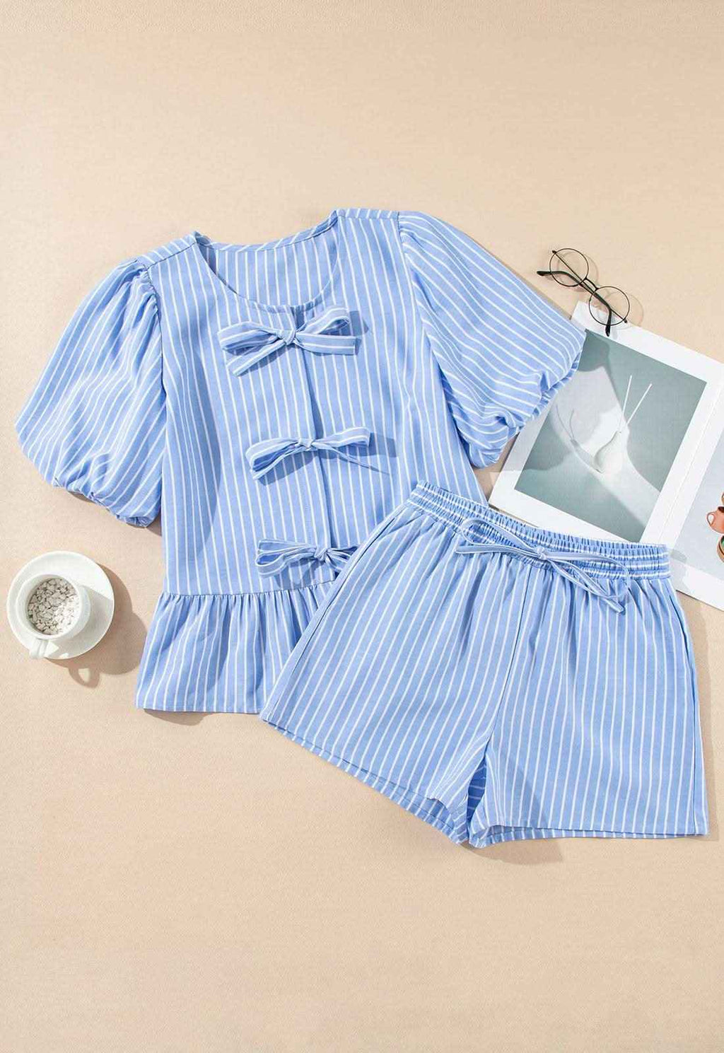 Sky Blue Striped Bowknot Detail Puffy Sleeve Top and Shorts 2Pcs Set