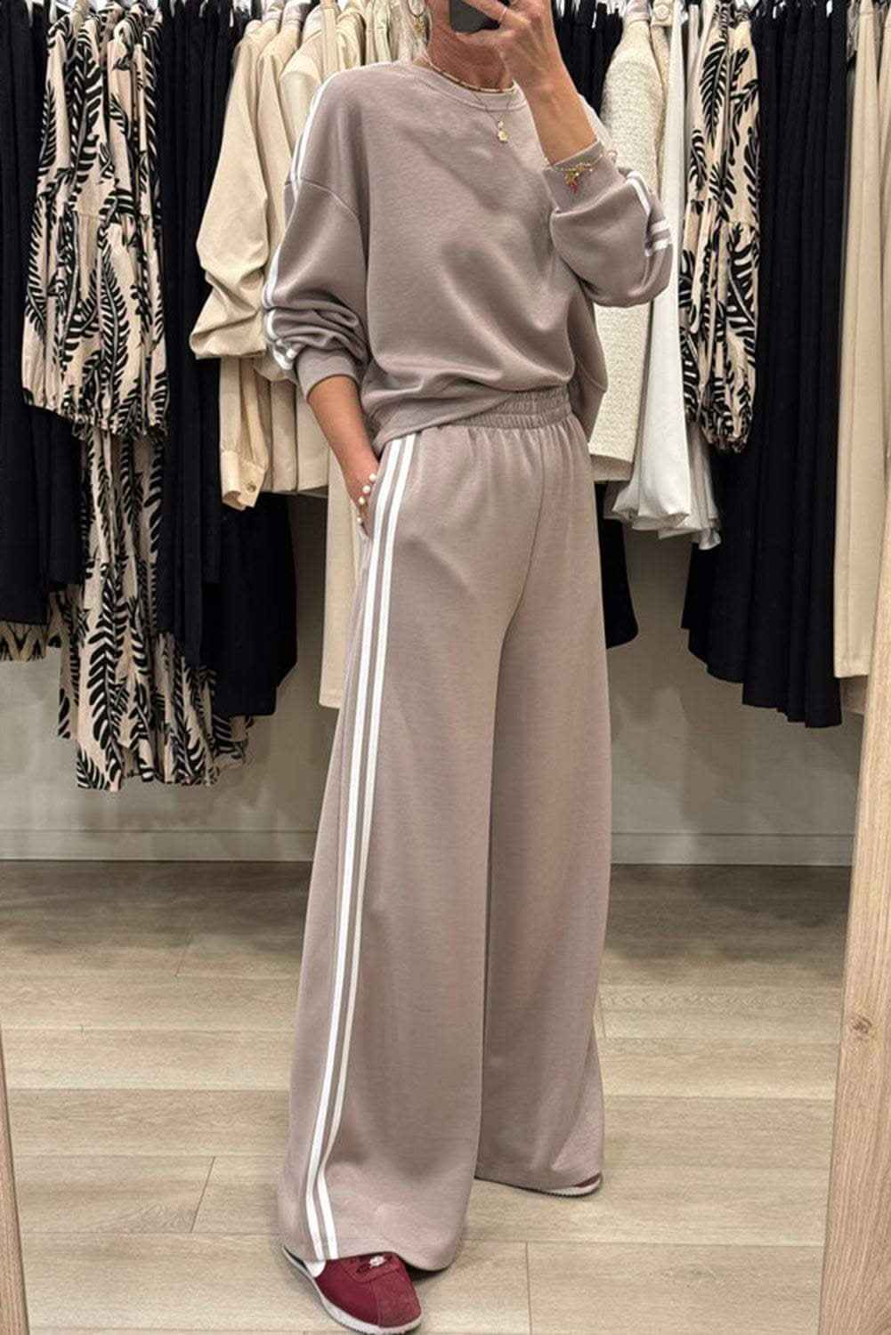 Dirty blue Varsity Striped Detail Crewneck Pullover Elastic Sweatpants 2pcs Outfit