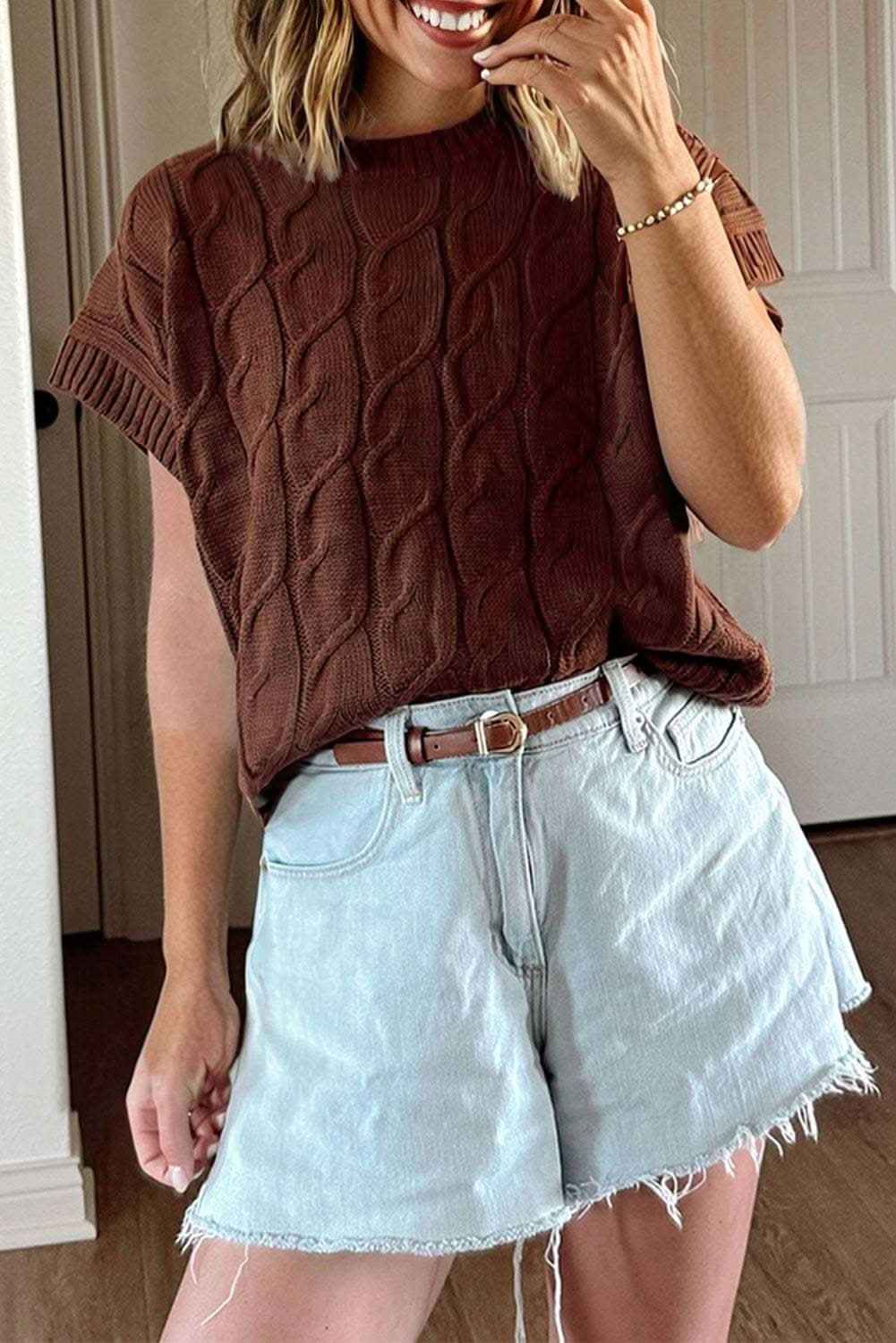 Dark Brown Cable Texture Crew Neck Short Sleeve Sweater Top