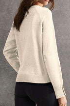 Camel Buttoned Bishop Sleeve Crew Neck Sweater - Rose & Ruffles