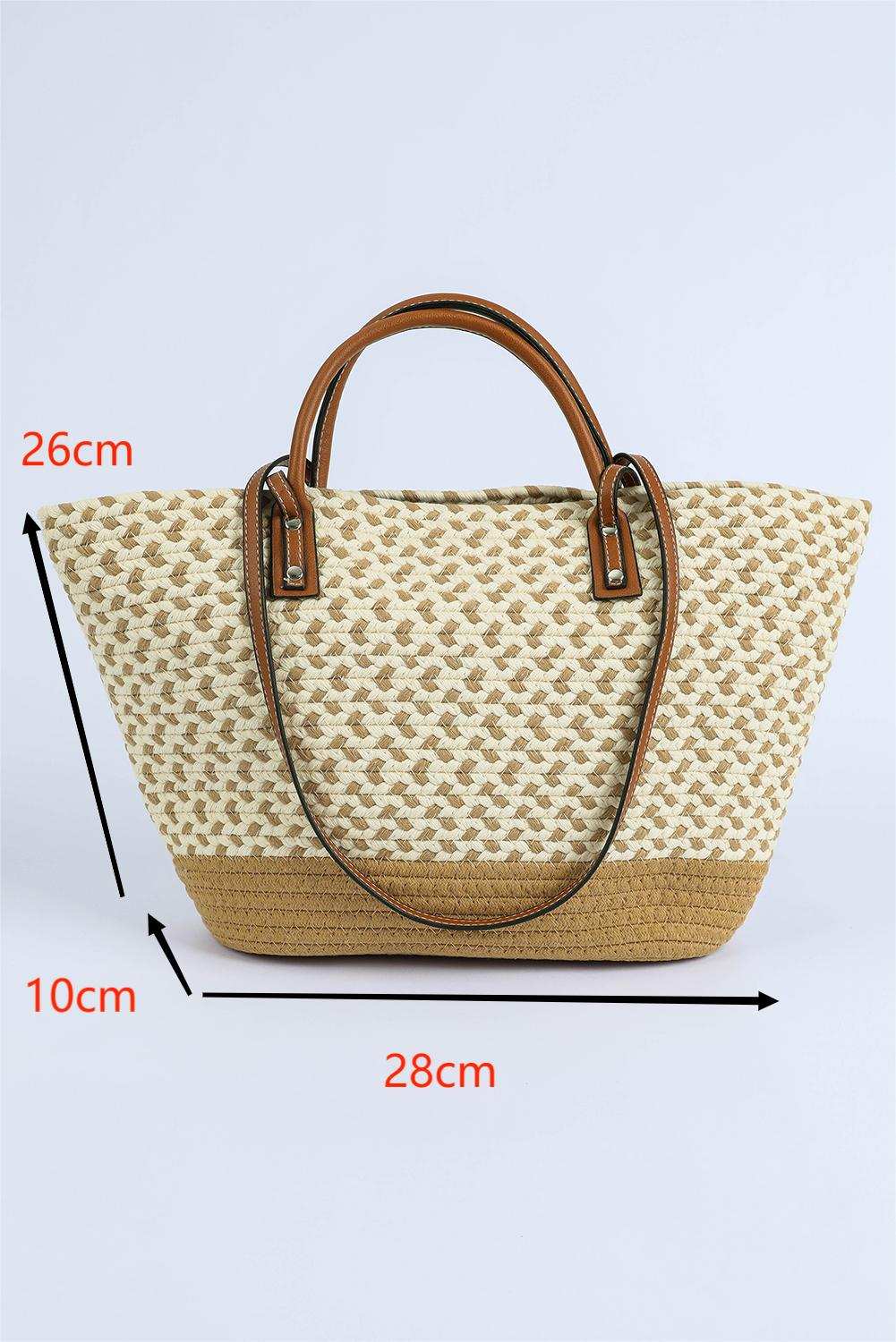 Beige Contrast Woven Leather Handle Single Shoulder Bag - Rose & Ruffles