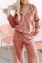Peach Blossom Velvet Zip-up Hoodie and Wide Leg Pants Set
