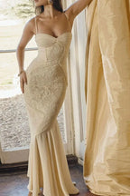 Elegant beige sweetheart neck lace maxi dress with ruched bodice and slit detail
