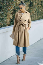 Pale Khaki Solid Color Lapel Collar Waist Tie Wind Coat