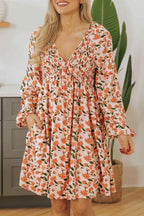 Black Floral Deep V Neck Smocked Bust Bubble Sleeve Babydoll Dress