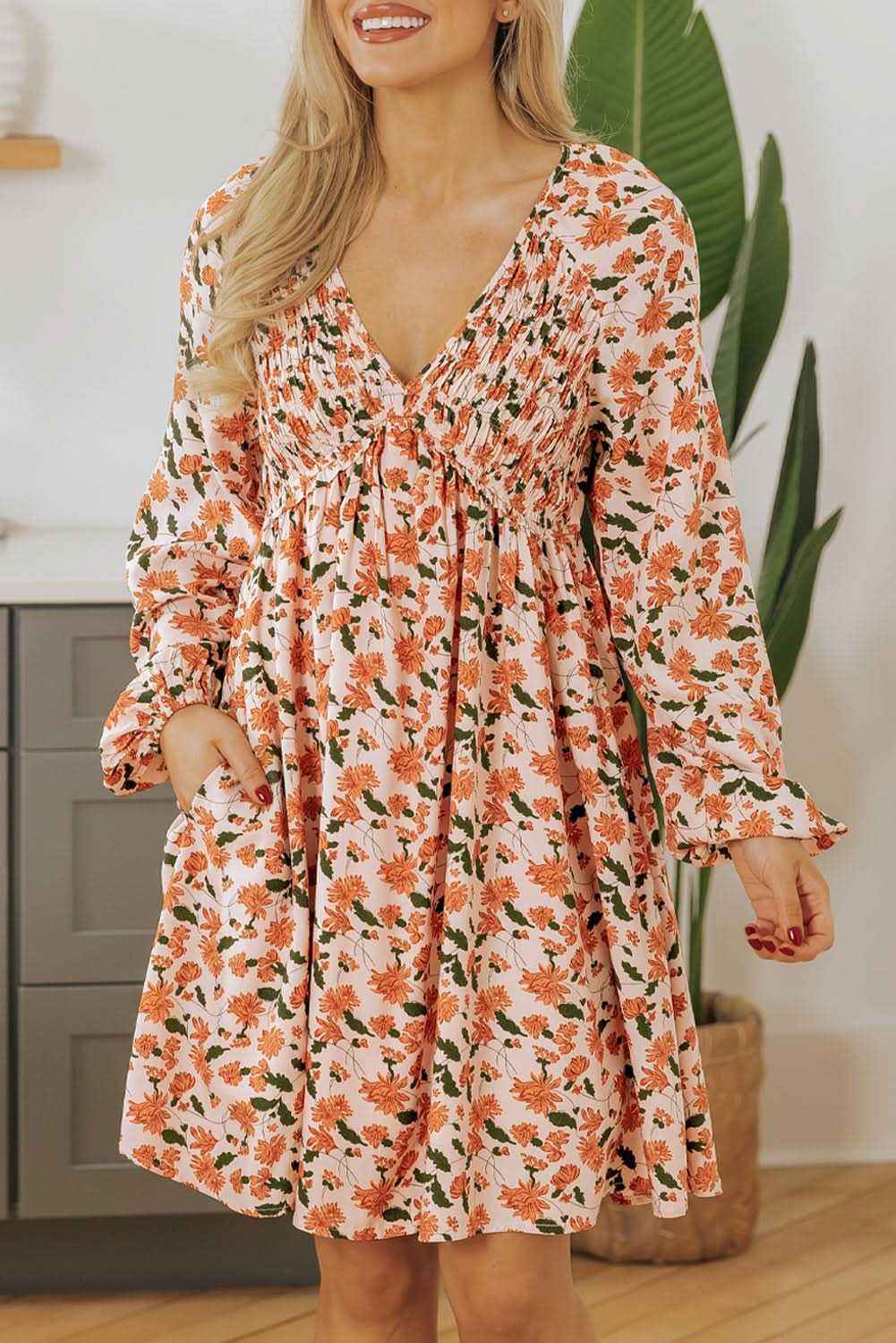 Black Floral Deep V Neck Smocked Bust Bubble Sleeve Babydoll Dress