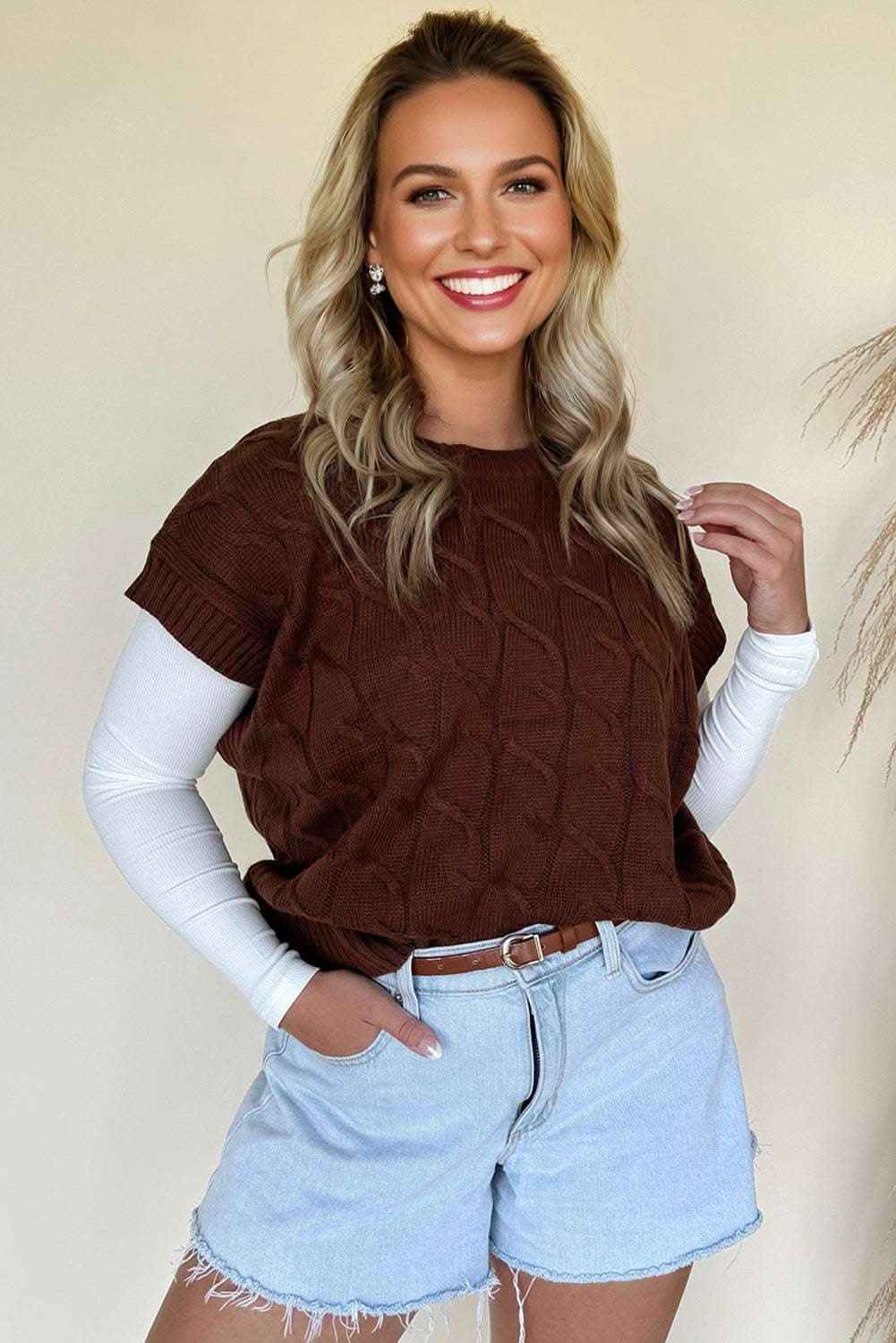 Dark Brown Cable Texture Crew Neck Short Sleeve Sweater Top