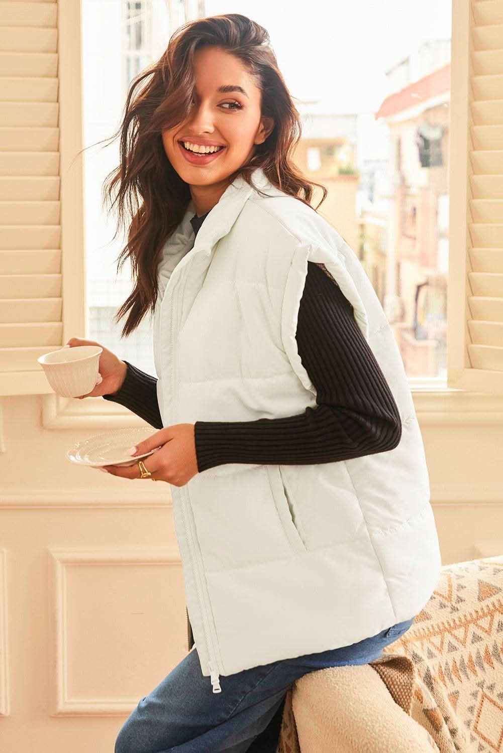 Black Solid Zipper Stand Neck Oversized Puffer Vest