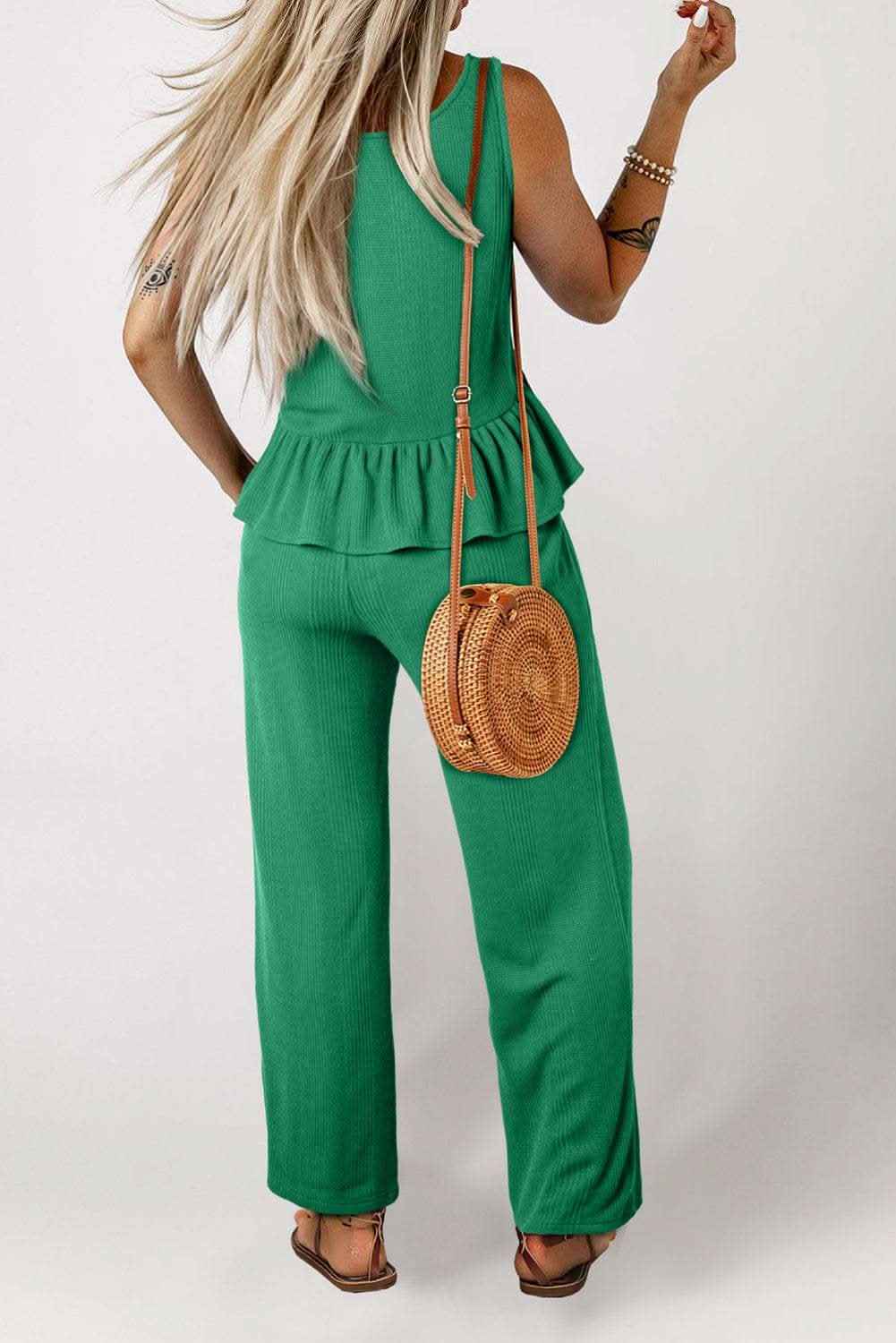 Red Dahlia Solid Color Ribbed Ruffle Tank Top and Pants Set