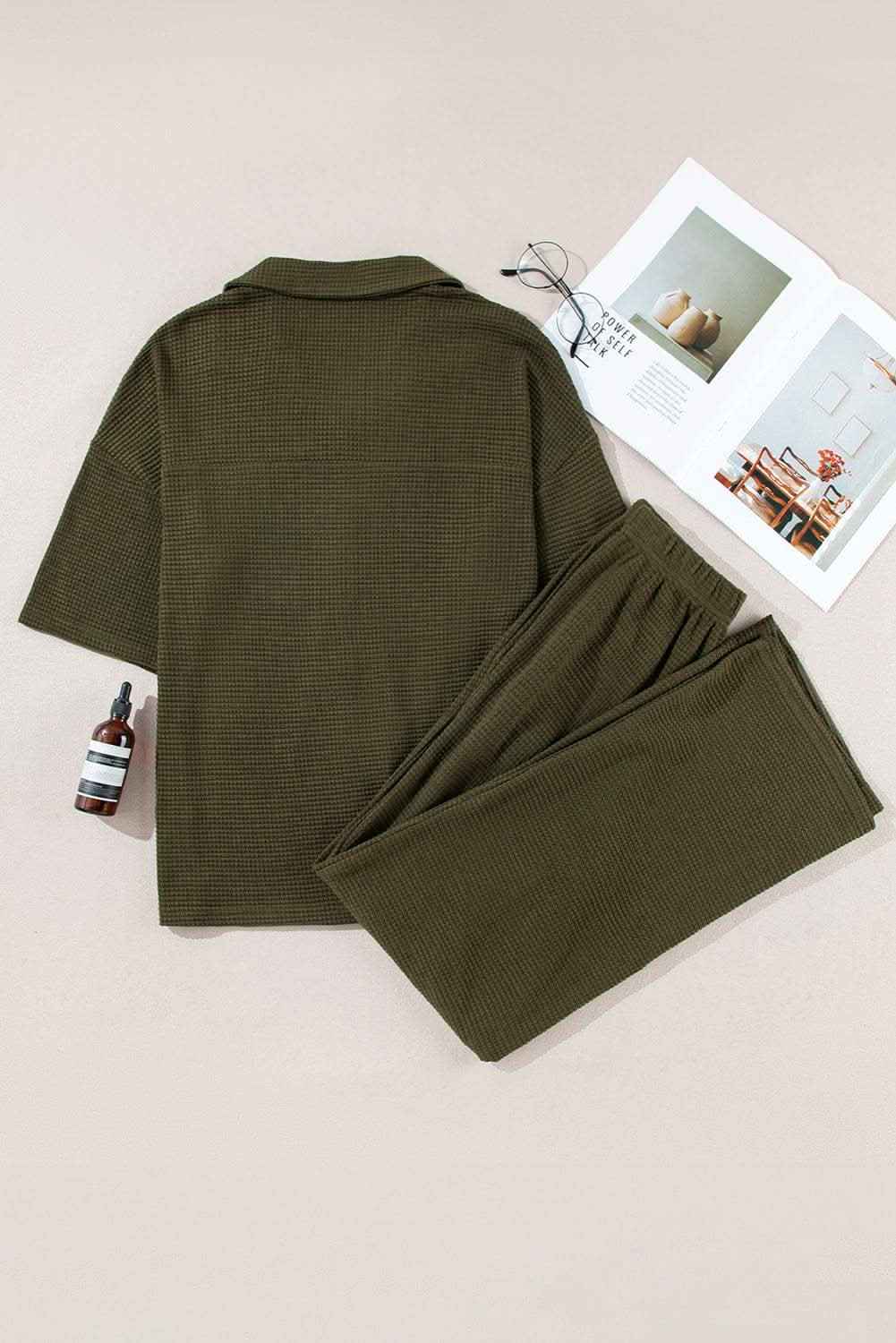 Four Leaf Clover Solid Color Textured Buttoned Shirt and Casual Pants Set