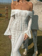 White lace off-shoulder flounce sleeve maxi dress with sheer fabric and slight stretch