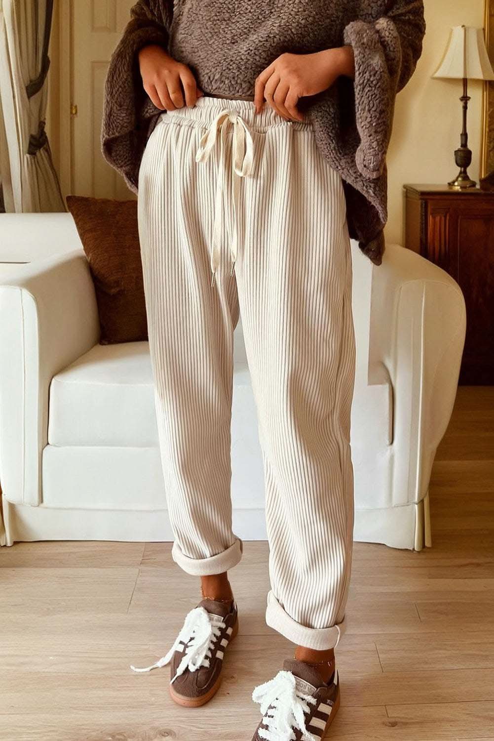 Cozy corduroy drawstring waist pants in light color for casual wear
