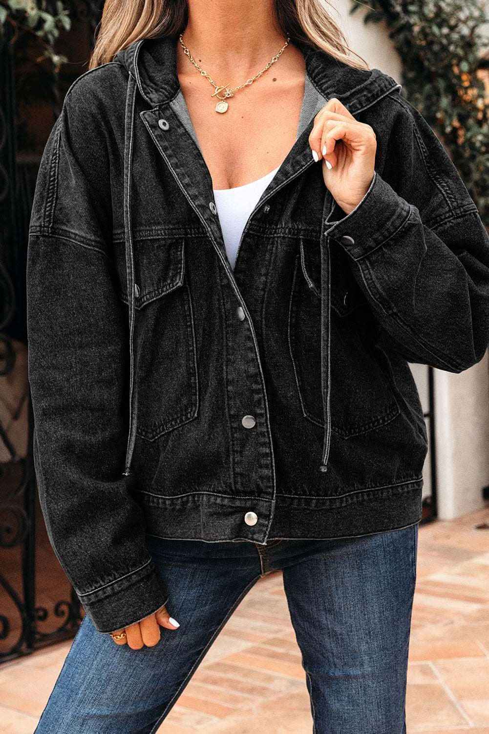 Black Big Chest Pocket Drop Shoulder Hooded Denim Jacket
