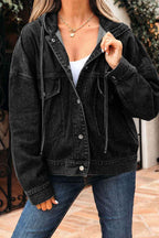 Black Big Chest Pocket Drop Shoulder Hooded Denim Jacket