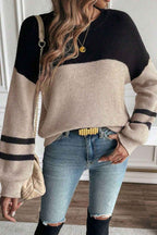 Dark Brown Color Block Knit Striped Sleeve Detail Casual Sweater