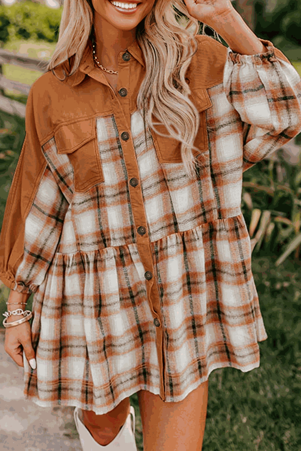Khaki plaid color block patchwork tunic shirt dress with ruffle hem and long sleeves