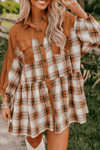 Khaki plaid color block patchwork tunic shirt dress with ruffle hem and long sleeves