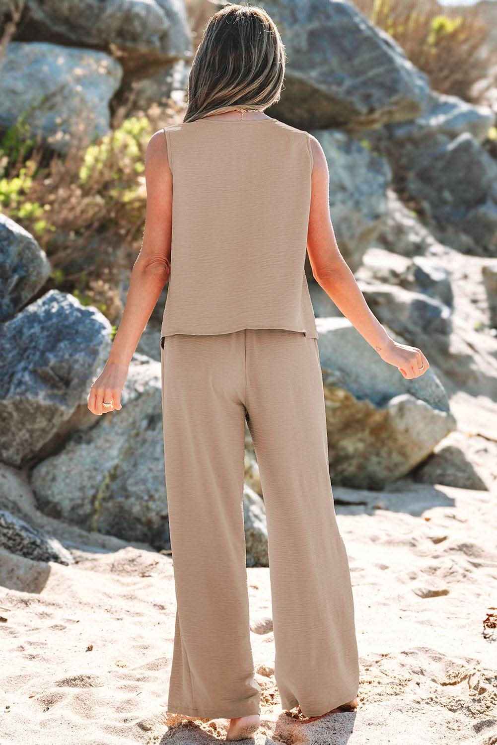 Black Buttoned Vest Drawstring Wide Leg Pants 2pcs Set