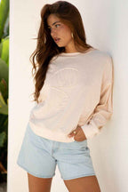 Coffee Raw Edge Flower Patch Drop Shoulder Casual Top