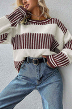 Light Blue Two Tone Striped Patchwork Drop Shoulder Loose Sweater