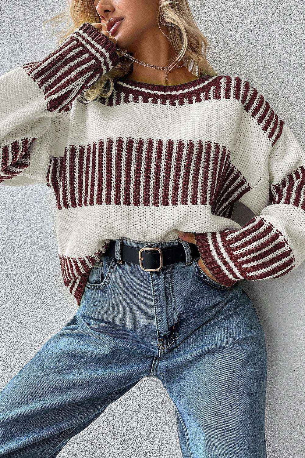 Light Blue Two Tone Striped Patchwork Drop Shoulder Loose Sweater