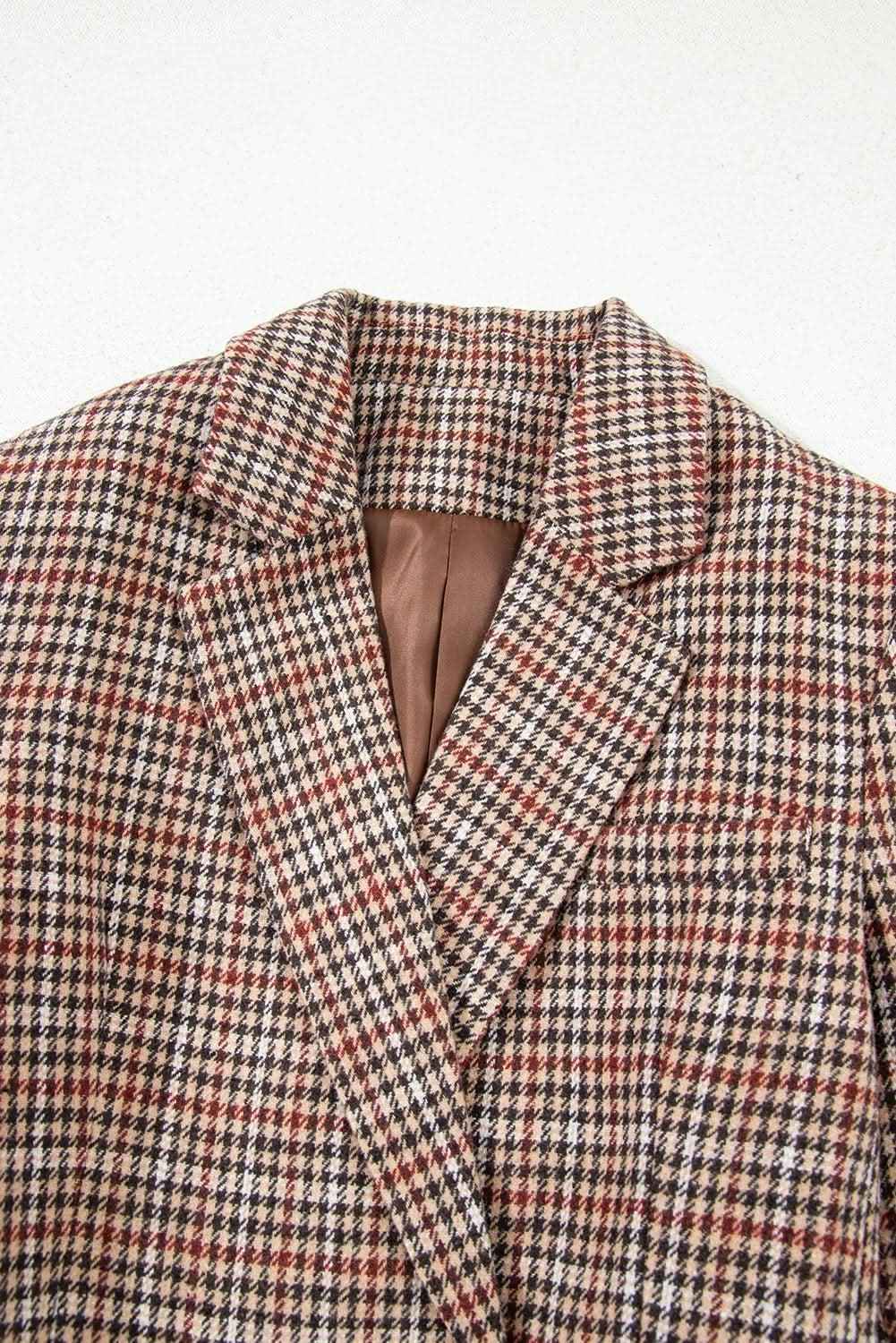 Brown Houndstooth Lapel Collar Blazer
