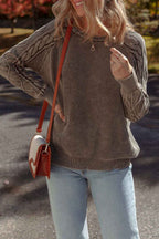 Dark Brown Contrast Cable Knit Sleeve Casual Sweater