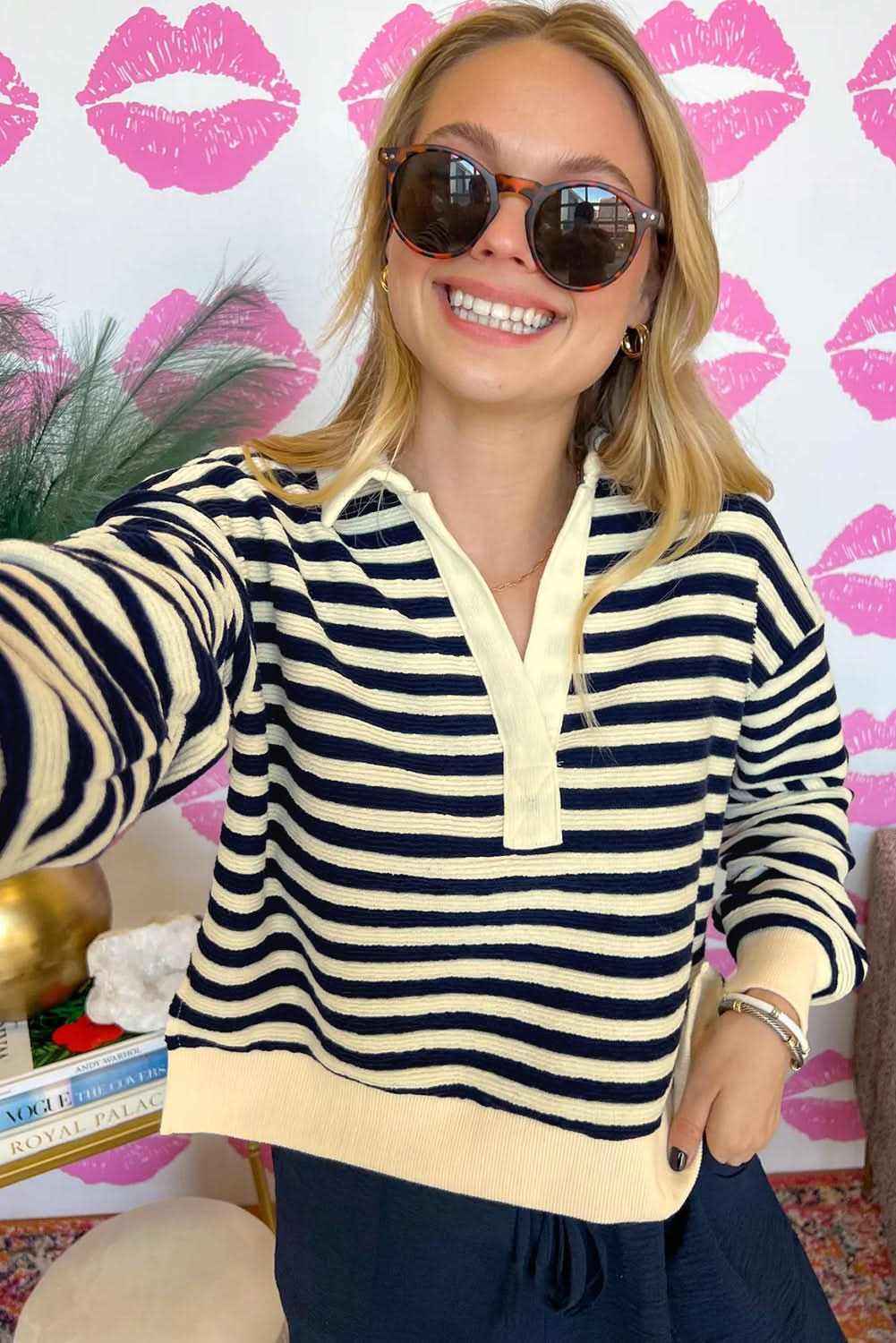 Blue Stripe Collared V Neck Long Sleeve Casual Top
