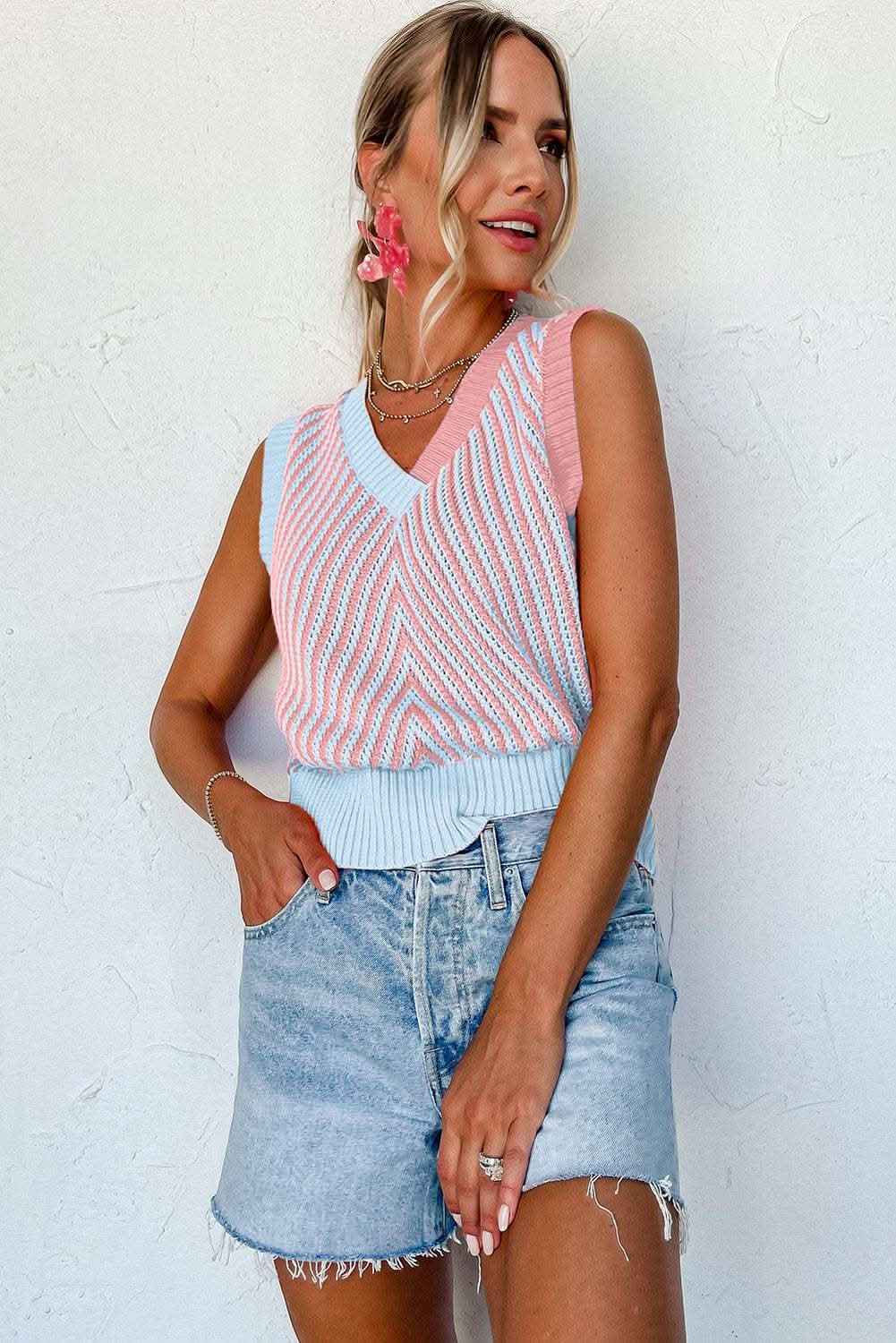 Sky Blue Contrast Chevron Knit V Neck Sweater Vest