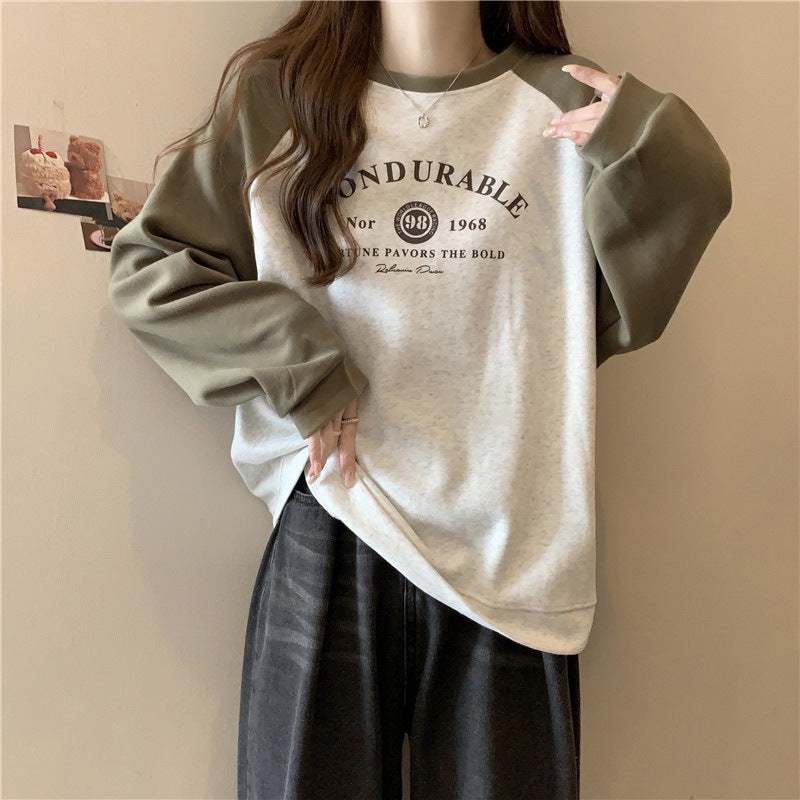 Light gray and apricot long sleeve pullover with letter and number print, loose fit cotton sweatshirt