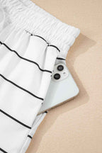 White Stripe Zip up Drop Shoulder Pullover and Short 2pcs Outfit