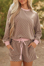 Sky Blue Checkerboard Long Sleeve Pullover and Shorts Set