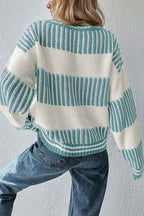 Light Blue Two Tone Striped Patchwork Drop Shoulder Loose Sweater