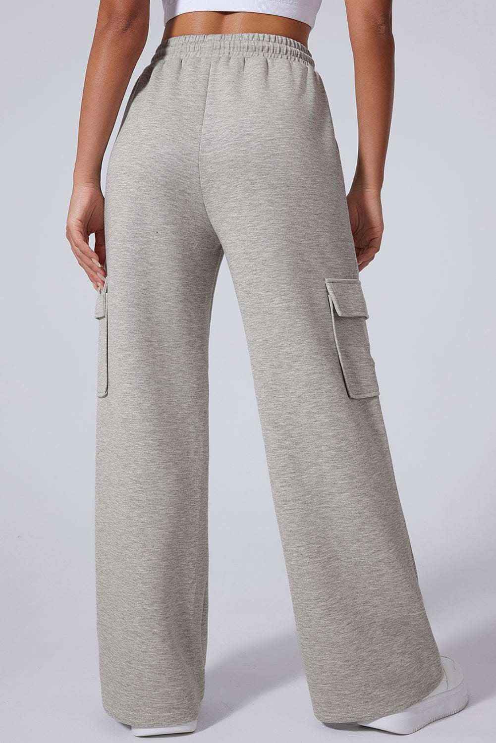 Light Grey Multi Pockets Lace-up High Waist Wide Leg Workout Pants