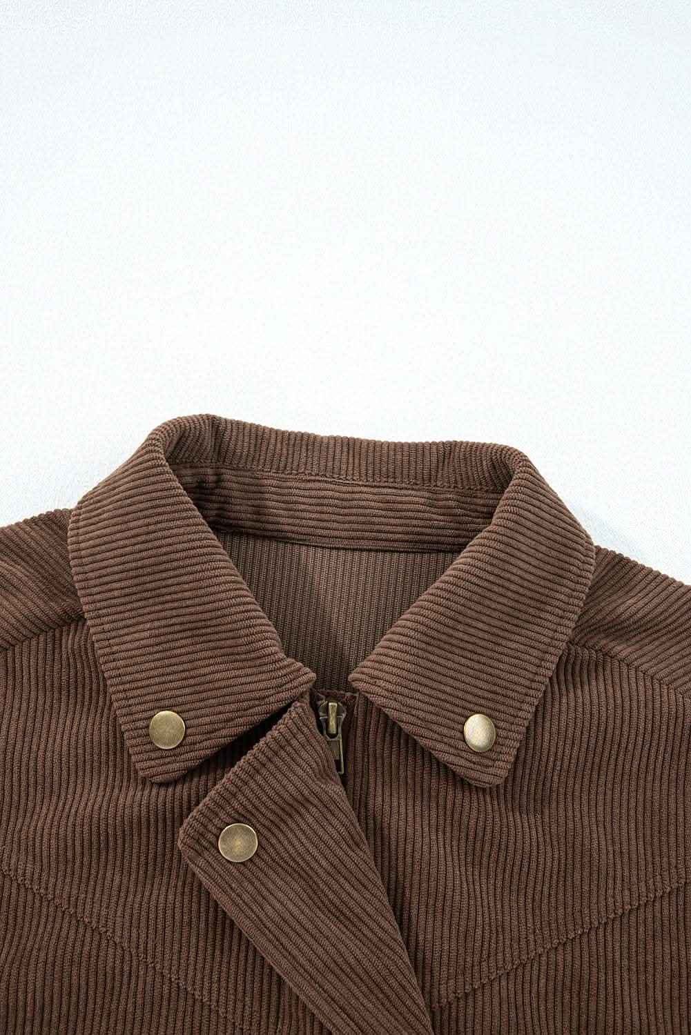 Dark Khaki Button Zip Up Lapel Collar Corduroy Jacket