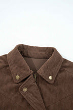 Dark Khaki Button Zip Up Lapel Collar Corduroy Jacket