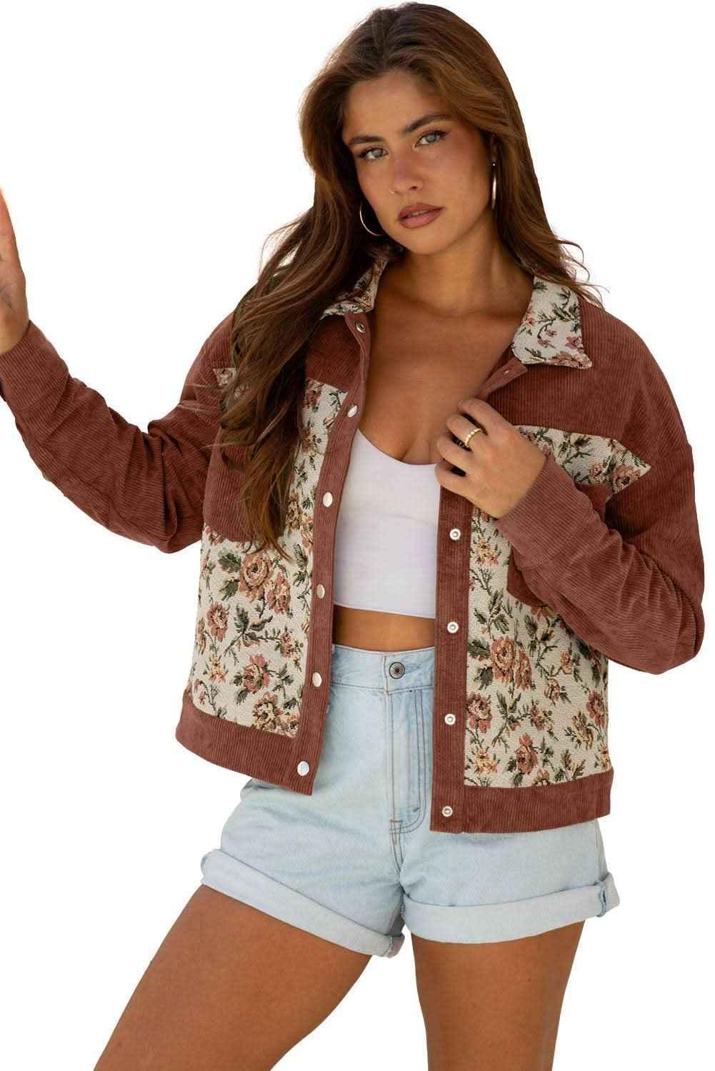 Clay Ribbed Retro Floral Patchwork Shirt Style Jacket
