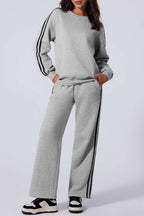Light grey solid color side striped sweatshirt and pants active set with medium elasticity