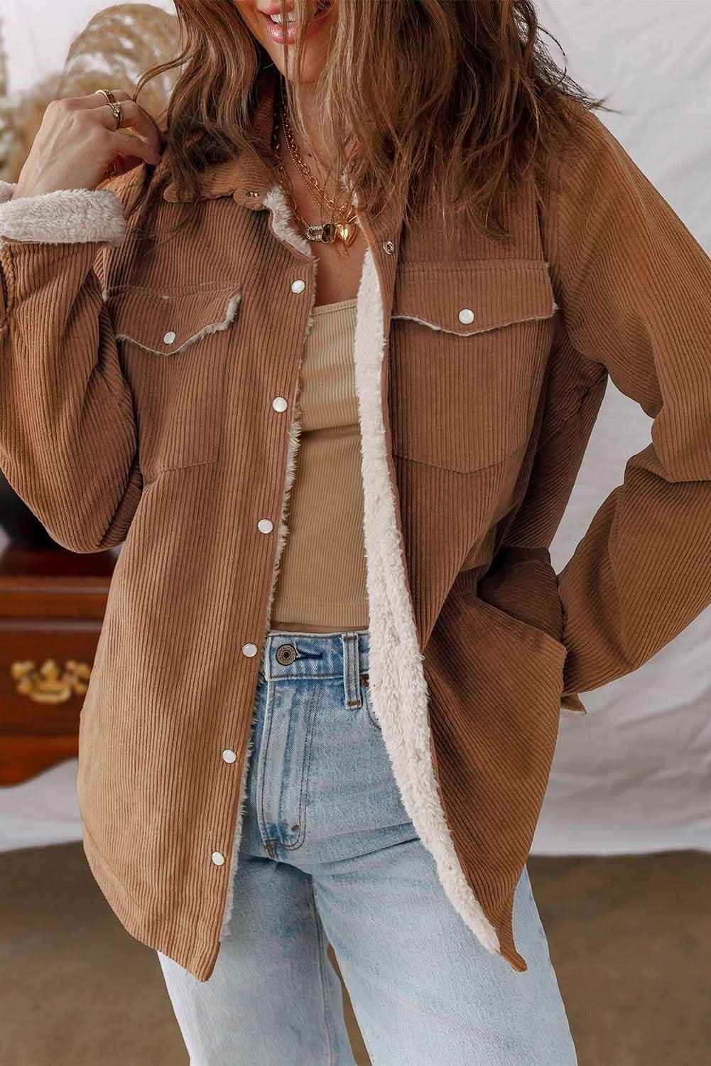 Cinnamon Fleece Lined Buttoned Flap Pockets Corduroy Jacket
