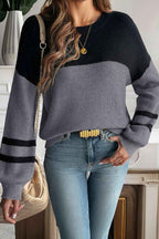 Dark Brown Color Block Knit Striped Sleeve Detail Casual Sweater