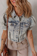 Beau Blue Light Wash Buttoned Chest Pocket Puff Sleeve Denim Jacket