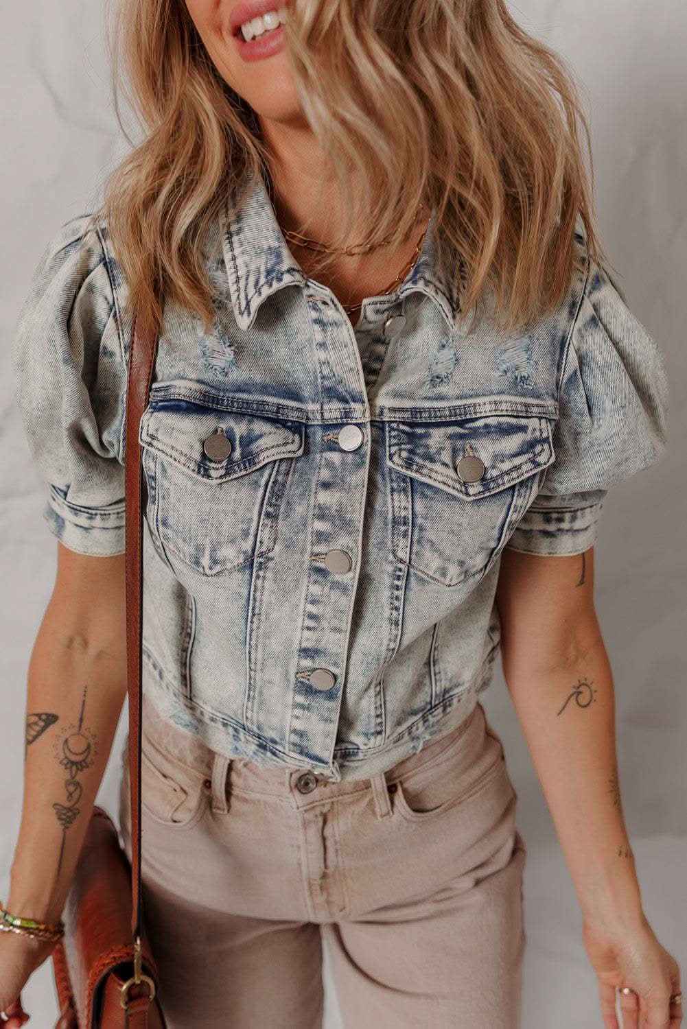 Beau Blue Light Wash Buttoned Chest Pocket Puff Sleeve Denim Jacket