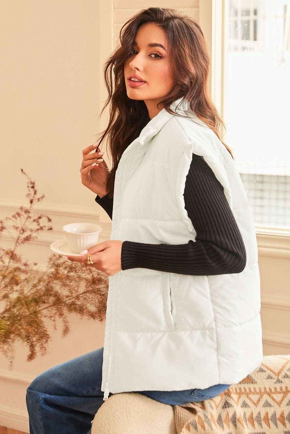 Black Solid Zipper Stand Neck Oversized Puffer Vest