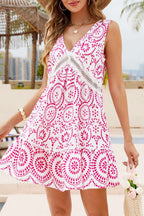 pink elegant printed sleeveless V-neck mini dress with lace cutouts