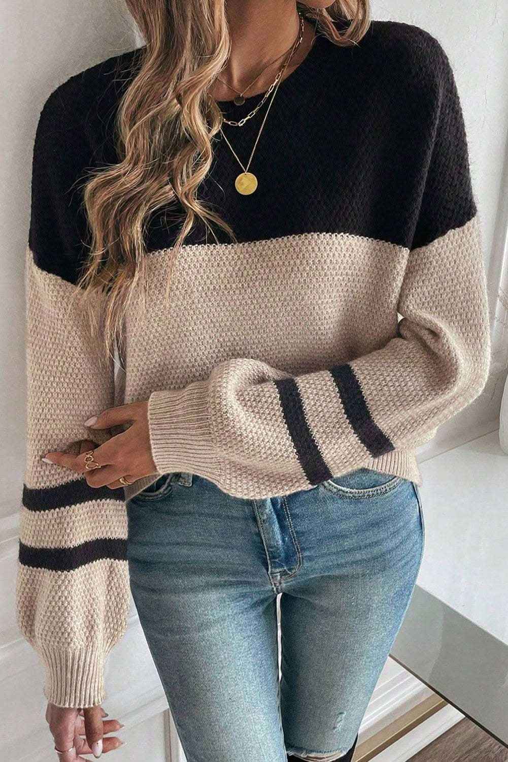 Dark Brown Color Block Knit Striped Sleeve Detail Casual Sweater